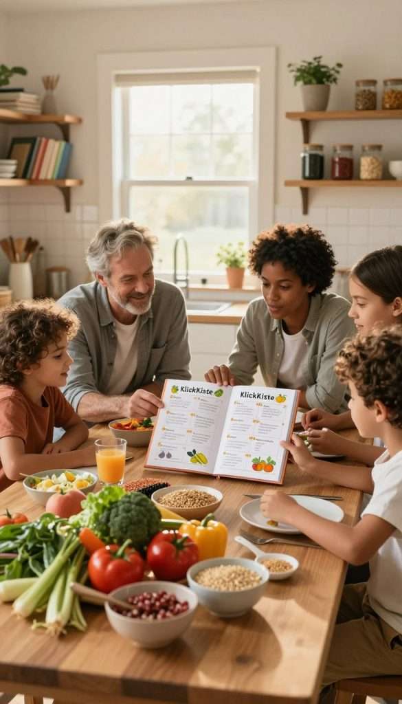 A cozy kitchen scene illustrating a family meal planning session, centered around a large wooden table filled with colorful fresh vegetables, whole grains, and various healthy ingredients. In the foreground, a diverse family of four, dressed in casual but neat clothing, excitedly discusses their meal plan for the week, using a beautifully illustrated weekly planner filled with recipes. In the background, a window lets in soft, warm sunlight, enhancing the inviting atmosphere of the room. The shelves are adorned with cookbooks and jars of spices, embodying a Pinterest-inspired aesthetic. The warmth of the colors conveys a sense of authenticity and inspiration. This image reflects the theme of healthy family meals, created for KlickKiste, emphasizing organization and planning in a relaxed home setting.