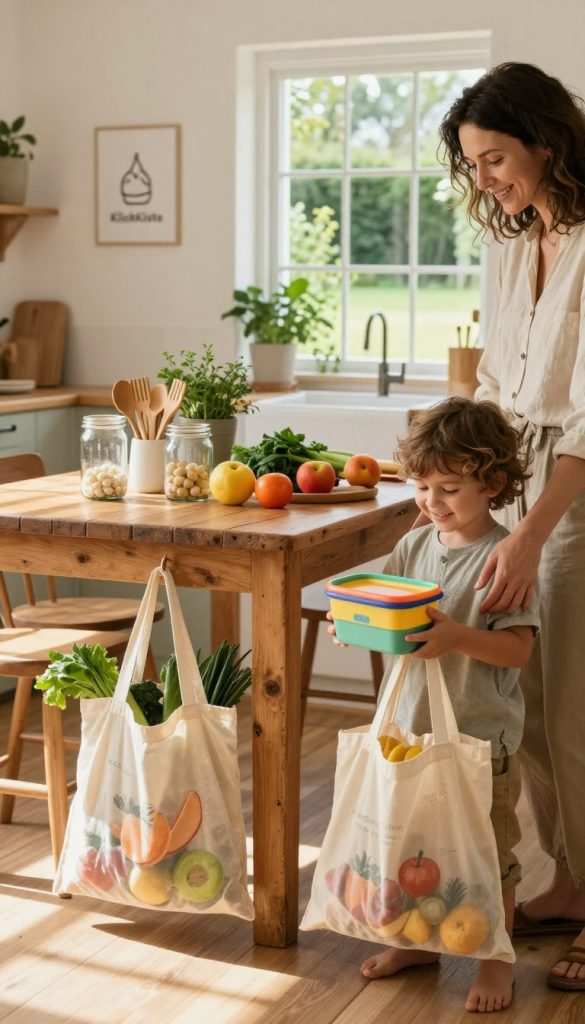 A cozy kitchen scene showcasing a family working together to reduce plastic waste. In the foreground, a mother and child are engaged in a DIY project, filling reusable cloth bags with fresh fruits and vegetables from a local farmer's market. The child, wearing modest casual clothing, smiles while holding a colorful eco-friendly container. In the middle background, a rustic wooden table is adorned with sustainable kitchen items, such as glass jars, bamboo utensils, and potted herbs. The warm, natural lighting creates an inviting atmosphere, highlighting the authenticity of family life. Soft shadows fill the space, enhancing the Pinterest-style aesthetic. In the background, a window reveals a sunny garden, emphasizing a connection to nature. Include the brand name "KlickKiste" subtly represented as an artistic logo on a kitchen wall.