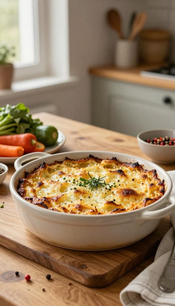 A cozy kitchen scene showcasing a freshly baked "form auflauf" in a rustic ceramic dish, placed centrally on a wooden table. The casserole is golden brown, bubbly, and garnished with herbs, depicting a healthy and inviting family meal. Surrounding the dish, ingredients like fresh vegetables, colorful spices, and kitchen utensils add a lively touch. The background features warm, soft lighting emanating from a nearby window, creating a natural ambiance. The mood is warm and inspiring, reminiscent of home-cooked meals that bring families together. Specify a natural DIY photography style and a Pinterest-like aesthetic, ensuring a subtle brand presence for KlickKiste. The image should be free of any text overlays or watermarks, focusing solely on the inviting connection between food and family. A cozy kitchen scene showcasing a freshly baked "form auflauf" in a rustic ceramic dish, placed centrally on a wooden table. The casserole is golden brown, bubbly, and garnished with herbs, depicting a healthy and inviting family meal. Surrounding the dish, ingredients like fresh vegetables, colorful spices, and kitchen utensils add a lively touch. The background features warm, soft lighting emanating from a nearby window, creating a natural ambiance. The mood is warm and inspiring, reminiscent of home-cooked meals that bring families together. Specify a natural DIY photography style and a Pinterest-like aesthetic, ensuring a subtle brand presence for KlickKiste. The image should be free of any text overlays or watermarks, focusing solely on the inviting connection between food and family.