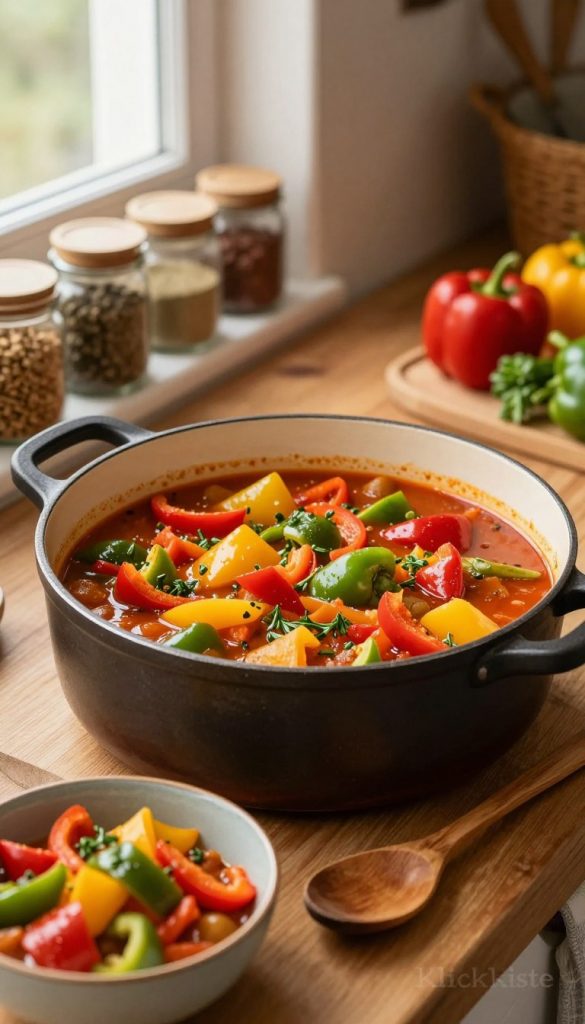 A cozy kitchen scene showcasing a hearty paprika stew (Eintopf) simmering in a rustic pot on a wooden countertop. The dish is vibrant with chunks of red, yellow, and green bell peppers, tender vegetables, and hints of herbs. In the foreground, a wooden spoon rests beside a bowl filled with the colorful stew, capturing the essence of family meals. In the background, soft, warm lighting filters through a window, illuminating jars of spices and fresh produce, creating an inviting atmosphere. A comfortable kitchen ambiance filled with warmth and the joy of cooking, evoking a feeling of home. The image should reflect a Pinterest-inspired aesthetic, embodying authenticity and inspiration, with a subtle branding element for "KlickKiste" included in the scene. A cozy kitchen scene showcasing a hearty paprika stew (Eintopf) simmering in a rustic pot on a wooden countertop. The dish is vibrant with chunks of red, yellow, and green bell peppers, tender vegetables, and hints of herbs. In the foreground, a wooden spoon rests beside a bowl filled with the colorful stew, capturing the essence of family meals. In the background, soft, warm lighting filters through a window, illuminating jars of spices and fresh produce, creating an inviting atmosphere. A comfortable kitchen ambiance filled with warmth and the joy of cooking, evoking a feeling of home. The image should reflect a Pinterest-inspired aesthetic, embodying authenticity and inspiration, with a subtle branding element for "KlickKiste" included in the scene.