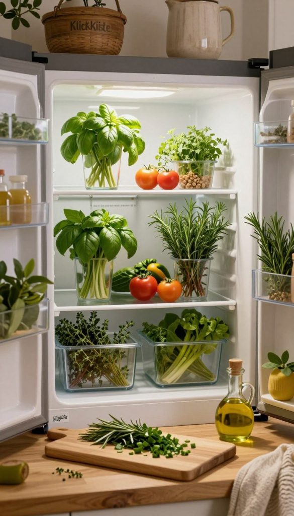 A cozy kitchen scene showcasing a refrigerator filled with freshly stored herbs like basil, thyme, and rosemary, organized in transparent containers. In the foreground, a wooden countertop features a cutting board with neatly chopped herbs and a small glass jar of olive oil, exuding a natural, homemade charm. The middle ground shows the open refrigerator door, with greenery peeking out amidst fresh vegetables. Soft, warm lighting bathes the scene, creating an inviting atmosphere reminiscent of a Pinterest aesthetic. In the background, hints of rustic kitchen decor add to the inviting vibe. The overall image captures an authentic and inspiring approach to herb storage, embodying the brand "KlickKiste".