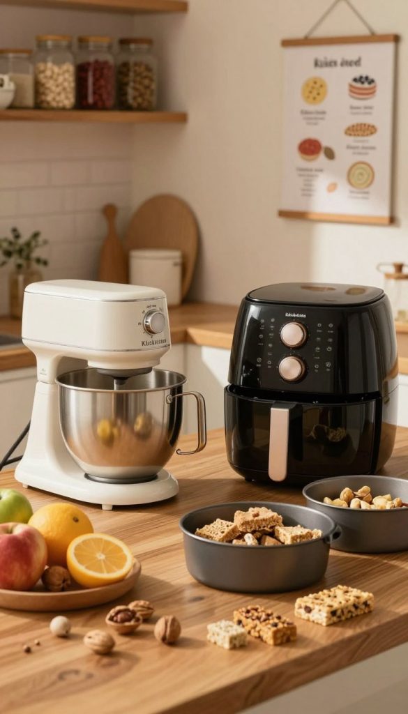 A cozy kitchen scene showcasing a stylish “KlickKiste” stand mixer, a sleek air fryer, and a complete set of baking pans neatly arranged on a wooden countertop. In the foreground, vibrant ingredients like fresh fruits, nuts, and healthy snack bars are artistically scattered, inviting creativity. The middle ground features the mixer and air fryer in a cooking setting, with warm, soft lighting that casts a gentle glow over the appliances, emphasizing their practicality for preparing snacks. In the background, blurred kitchen shelves adorned with jars of spices and a board displaying simple, kid-friendly recipes create a warm, inviting atmosphere. The overall mood is inspiring and relatable, fitting for a family-oriented kitchen environment, with Pinterest-worthy, natural DIY aesthetics.