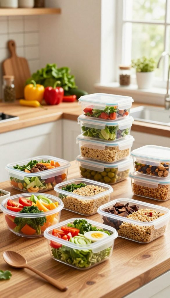 A cozy kitchen scene showcasing a variety of healthy meal prepped dishes neatly portioned in clear, airtight containers. In the foreground, colorful bowls filled with vibrant salads, grains, and proteins are organized on a wooden countertop, while a few containers are attractively stacked. The middle ground features fresh ingredients like leafy greens, bell peppers, and spices, enhancing the wholesome atmosphere. The background has soft, natural light streaming through a window, illuminating the inviting space with warm tones. The overall vibe is bright, fresh, and inspiring, perfect for encouraging healthy eating habits. A subtle brand logo "KlickKiste" is integrated into the scene, emphasizing a modern DIY aesthetic akin to a Pinterest-inspired layout.