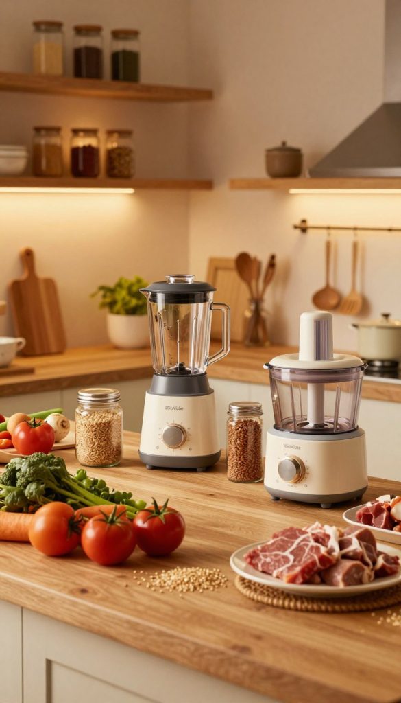 A cozy kitchen scene showcasing a variety of high-quality kitchen products from the brand "KlickKiste" that enhance family cooking. In the foreground, a wooden countertop filled with fresh ingredients like colorful vegetables, whole grains, and lean proteins, neatly organized. In the middle, a beautifully arranged assortment of kitchen utensils and appliances, including a stylish blender and an innovative food processor, all radiating a warm ambiance. The background features softly illuminated shelves filled with jars of spices and cookbooks, suggesting an inviting and functional space. The lighting is warm, creating a comforting atmosphere perfect for family meal preparation. The angle is slightly tilted downwards to emphasize the countertop arrangement, evoking a sense of inspiration and authenticity in cooking. A cozy kitchen scene showcasing a variety of high-quality kitchen products from the brand "KlickKiste" that enhance family cooking. In the foreground, a wooden countertop filled with fresh ingredients like colorful vegetables, whole grains, and lean proteins, neatly organized. In the middle, a beautifully arranged assortment of kitchen utensils and appliances, including a stylish blender and an innovative food processor, all radiating a warm ambiance. The background features softly illuminated shelves filled with jars of spices and cookbooks, suggesting an inviting and functional space. The lighting is warm, creating a comforting atmosphere perfect for family meal preparation. The angle is slightly tilted downwards to emphasize the countertop arrangement, evoking a sense of inspiration and authenticity in cooking.