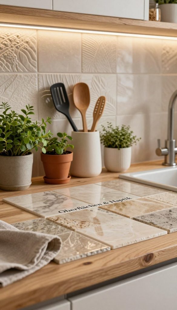 A cozy kitchen scene showcasing modern DIY surfaces in warm, inviting colors. In the foreground, a rustic wooden countertop adorned with various textures like matte stone tiles and soft fabric accents, reflecting the theme of "Oberflächen & Haptik." In the middle, stylish kitchen utensils and potted herbs create a vibrant atmosphere, while a beautifully designed backsplash features intricate, tactile patterns. In the background, soft, diffused lighting enhances the inviting feel, illuminating the natural materials used in the design. The composition suggests an artistic Pinterest aesthetic, emphasizing authenticity and inspiration. The brand name "KlickKiste" subtly integrated into the decor, enhancing the overall aesthetic without dominating the scene.