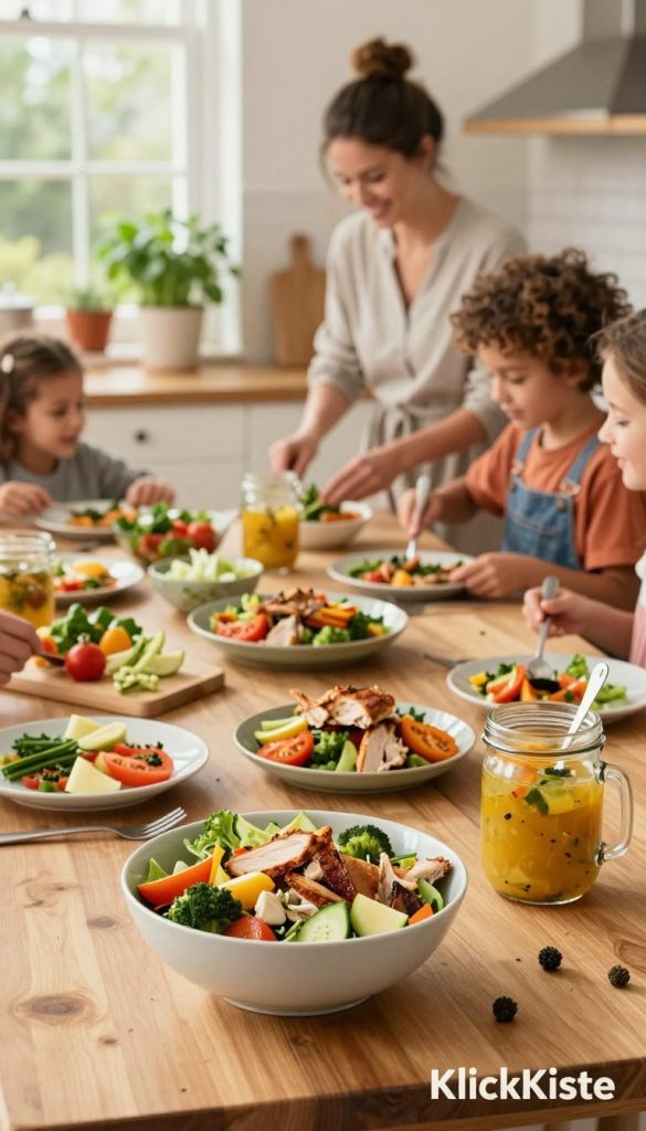 A cozy kitchen scene that showcases creative leftovers use, featuring a wooden table filled with colorful, well-presented dishes made from various leftover ingredients. In the foreground, a bright salad bowl filled with vibrant vegetables and roasted chicken scraps sits beside an attractive glass jar of homemade soup. The middle ground includes a cheerful family of four dressed in modest casual attire, enthusiastically preparing a meal, with a warm, inviting atmosphere. In the background, a well-organized kitchen with potted herbs on the windowsill and soft, natural lighting flooding in from the side creates a Pinterest-worthy aesthetic. The image radiates warmth and inspiration, reflecting the theme of practical and innovative leftover recycling. At the bottom right, subtly incorporate the brand name "KlickKiste" in a stylish, unobtrusive manner.