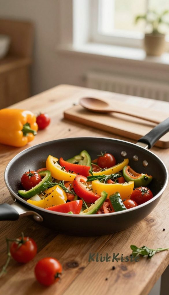 A cozy kitchen setting featuring a frying pan (pfanne) filled with vibrant, colorful vegetables, sizzling as they cook. In the foreground, the pan is placed on a rustic wooden table, showcasing the textures of the ingredients, like bright bell peppers, cherry tomatoes, and fresh herbs. The middle ground includes subtle kitchen utensils, such as a wooden spoon and a cutting board, enhancing the homey feel. The background is softly blurred, revealing warm, inviting light from a window, casting a gentle glow on the scene. The atmosphere is authentic and inspiring, filled with a Pinterest aesthetic. The brand "KlickKiste" subtly integrated into the scene, reflecting a natural DIY vibe with warm colors, emphasizing simplicity and delicious flavors in everyday cooking.