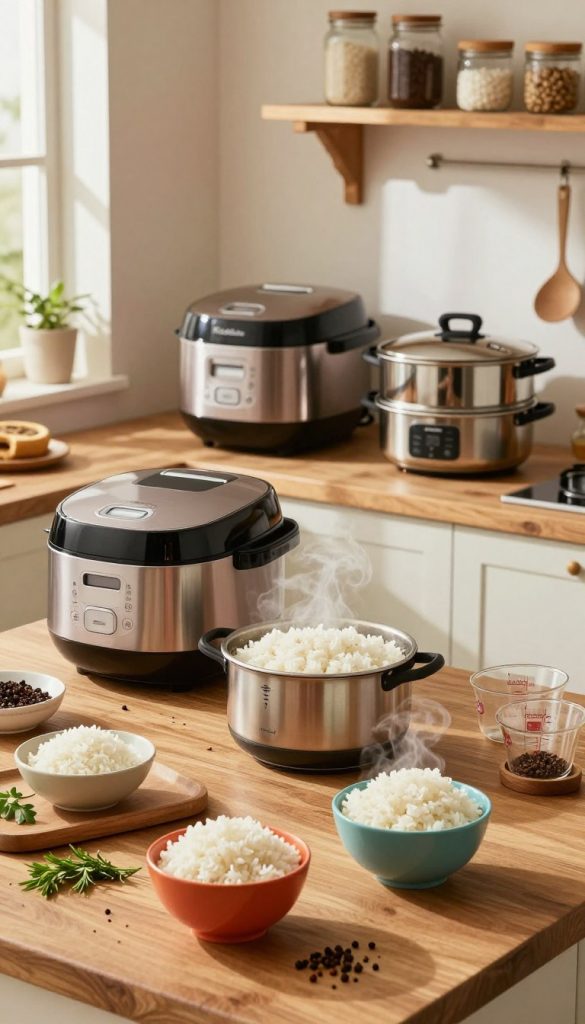 A cozy kitchen setting featuring a variety of modern kitchen appliances specifically designed for cooking rice, such as a rice cooker, an electric steamer, and measuring cups, all elegantly arranged on a wooden countertop. In the foreground, vibrant bowls of steaming rice surrounded by fresh herbs and spices, emphasizing a warm and inviting atmosphere. The middle layer shows the rice appliances in use, with soft, natural light streaming in from a nearby window, casting gentle shadows and creating a Pinterest-worthy aesthetic. The background includes a rustic shelf with neatly organized jars and utensils, contributing to a homely feel. The overall color palette should consist of warm tones, conveying a sense of comfort. Incorporate the brand name "KlickKiste" subtly, enhancing the visual appeal while maintaining focus on the kitchen theme. A cozy kitchen setting featuring a variety of modern kitchen appliances specifically designed for cooking rice, such as a rice cooker, an electric steamer, and measuring cups, all elegantly arranged on a wooden countertop. In the foreground, vibrant bowls of steaming rice surrounded by fresh herbs and spices, emphasizing a warm and inviting atmosphere. The middle layer shows the rice appliances in use, with soft, natural light streaming in from a nearby window, casting gentle shadows and creating a Pinterest-worthy aesthetic. The background includes a rustic shelf with neatly organized jars and utensils, contributing to a homely feel. The overall color palette should consist of warm tones, conveying a sense of comfort. Incorporate the brand name "KlickKiste" subtly, enhancing the visual appeal while maintaining focus on the kitchen theme.