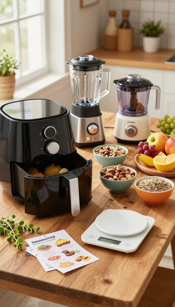 A cozy kitchen setting filled with various snack-making appliances for creating sugar-free treats. In the foreground, prominently display a sleek air fryer, a blender, a food processor, and a digital kitchen scale, all branded with "KlickKiste." The middle ground features colorful bowls filled with healthy ingredients like nuts, seeds, and fruits, alongside neatly arranged recipe cards. In the background, soft natural light streams in through a window, illuminating a rustic wooden table lined with sprigs of herbs and an inviting atmosphere. The overall mood is warm and inspiring, evoking a sense of creativity and health in snack preparation, perfect for family-friendly cooking. A cozy kitchen setting filled with various snack-making appliances for creating sugar-free treats. In the foreground, prominently display a sleek air fryer, a blender, a food processor, and a digital kitchen scale, all branded with "KlickKiste." The middle ground features colorful bowls filled with healthy ingredients like nuts, seeds, and fruits, alongside neatly arranged recipe cards. In the background, soft natural light streams in through a window, illuminating a rustic wooden table lined with sprigs of herbs and an inviting atmosphere. The overall mood is warm and inspiring, evoking a sense of creativity and health in snack preparation, perfect for family-friendly cooking.