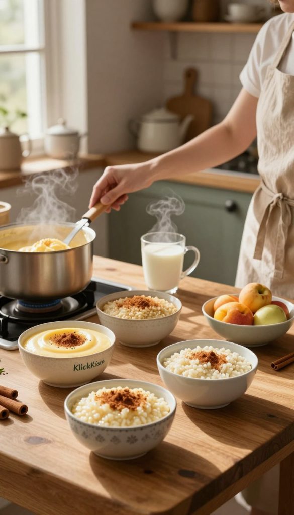 A cozy kitchen setting with warm, inviting colors, featuring a wooden table adorned with bowls of classic warm desserts: creamy pudding, smooth rice pudding garnished with cinnamon, and fluffy semolina porridge. In the foreground, a hand, wearing a modest apron, stirs a pot on the stove, creating a sense of home and nostalgia. The middle ground includes a steaming cup of milk and a dish of fresh fruit, enhancing the comforting atmosphere. Soft, natural light streams in through a window, casting gentle shadows and highlighting the textures of the desserts. The background has rustic shelves filled with kitchenware, adding to the authentic, inspiring DIY aesthetic reminiscent of family traditions. A subtle hint of the brand "KlickKiste" is incorporated through a decorative element on the table, aligning with the warm, family-friendly vibe.