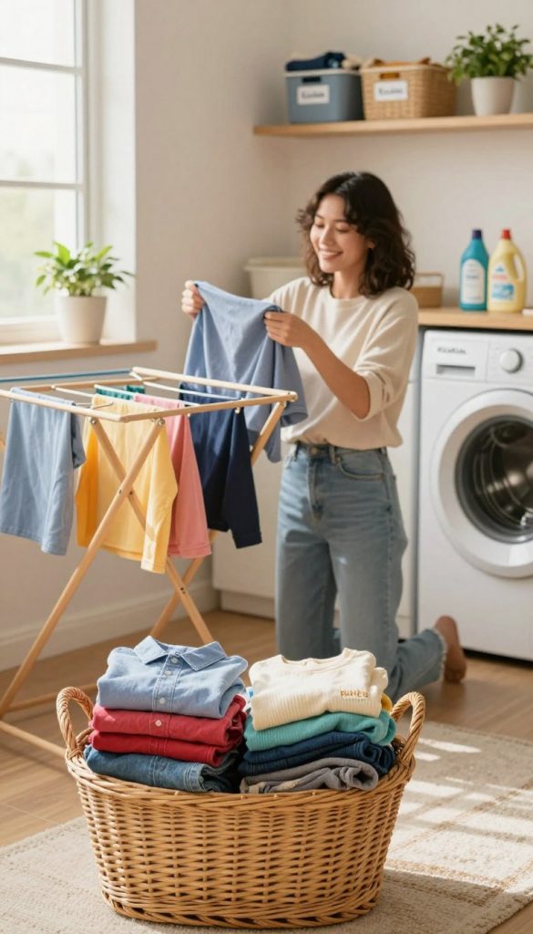 A cozy laundry room scene, featuring a neatly organized space filled with baskets of colorful, freshly folded clothes. In the foreground, a wicker basket overflows with neatly folded shirts and pants, while a stylish wooden drying rack holds delicate items, adding a touch of warmth. In the middle, a cheerful person in modest, casual clothing, happily sorting laundry with a smile, embodies a sense of peace and control over household tasks. Soft natural light filters through a nearby window, creating a warm, inviting atmosphere. The background shows shelves adorned with labeled bins, detergent bottles, and fresh plants, enhancing the DIY aesthetic with vibrant colors and a Pinterest-inspired vibe. This image reflects the concept of organized laundry, heralded by the brand name "KlickKiste."