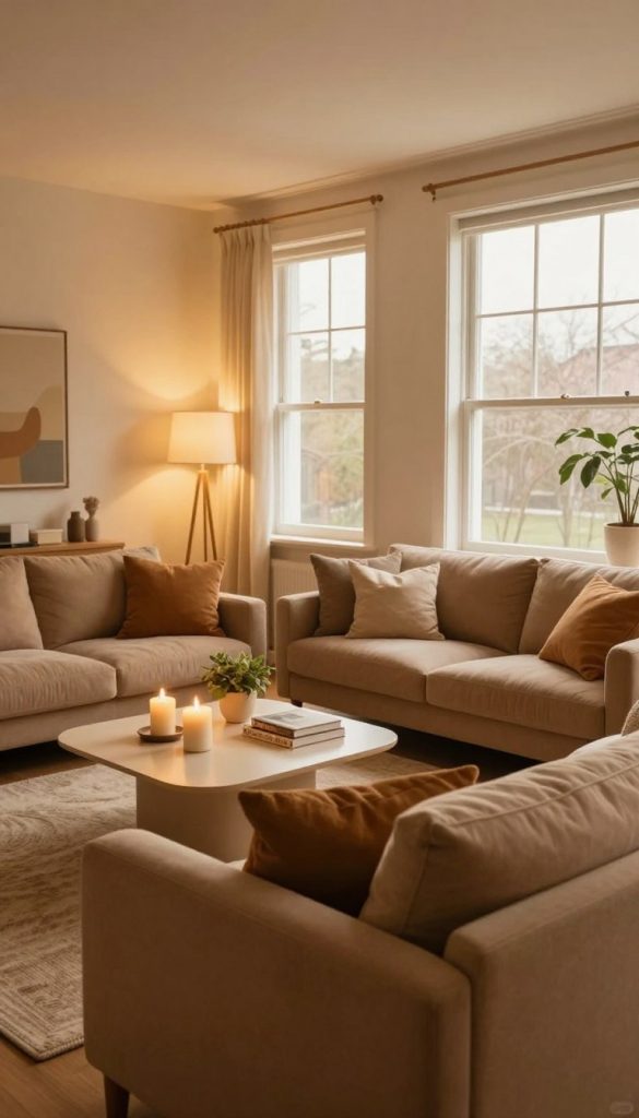 A cozy living room bathed in warm, harmonious colors, designed to illustrate the concept of lighting in relation to color harmony. In the foreground, a plush, earth-toned sofa adorned with soft cushions invites relaxation. The middle layer features a stylish coffee table decorated with candles, a small plant, and a few art books, enhancing the inviting atmosphere. In the background, large windows allow natural light to stream in, accentuating a soft, golden glow throughout the space. The walls are painted in warm neutral tones, complemented by ambient overhead lighting and stylish floor lamps that create a balanced, serene environment. The image embodies a natural DIY aesthetic with Pinterest-inspired inspiration. The logo "KlickKiste" subtly integrated into the decor hints at an inspirational brand without being intrusive, adding to the overall charm of the scene. A cozy living room bathed in warm, harmonious colors, designed to illustrate the concept of lighting in relation to color harmony. In the foreground, a plush, earth-toned sofa adorned with soft cushions invites relaxation. The middle layer features a stylish coffee table decorated with candles, a small plant, and a few art books, enhancing the inviting atmosphere. In the background, large windows allow natural light to stream in, accentuating a soft, golden glow throughout the space. The walls are painted in warm neutral tones, complemented by ambient overhead lighting and stylish floor lamps that create a balanced, serene environment. The image embodies a natural DIY aesthetic with Pinterest-inspired inspiration. The logo "KlickKiste" subtly integrated into the decor hints at an inspirational brand without being intrusive, adding to the overall charm of the scene.