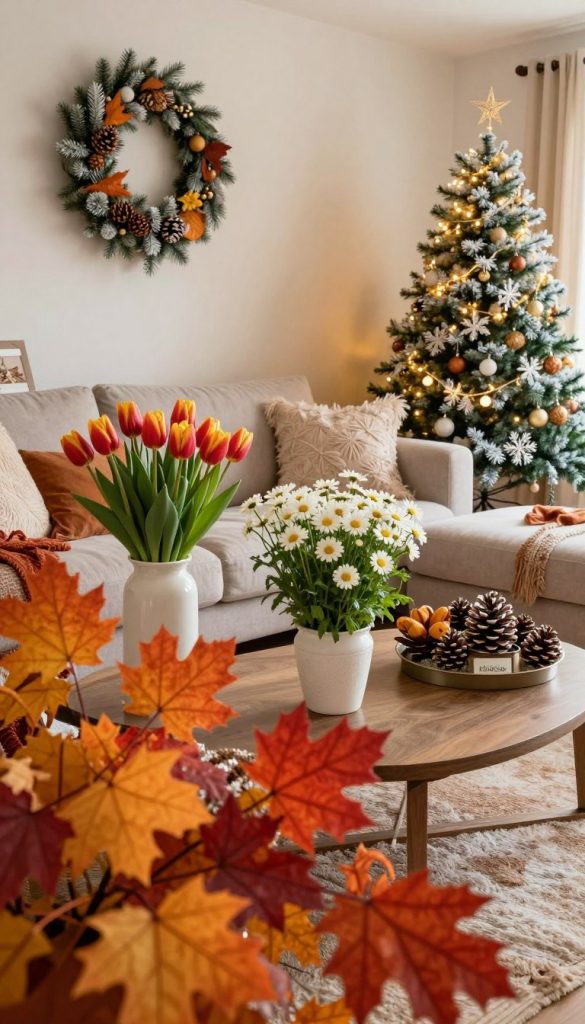 A cozy living room decorated with seasonal nature elements, showcasing three distinct seasonal themes: vibrant autumn leaves in warm oranges and reds in the foreground, blooming spring flowers like tulips and daisies in the middle, and elegant Christmas decorations with frosted pinecones and twinkling lights in the background. The scene is softly illuminated with warm, natural light, accentuating the rich textures of the DIY decor. Use a wide-angle lens to capture the harmonious blend of the three seasons, creating a visually inspiring atmosphere. The image should embody a Pinterest-worthy aesthetic, reflecting authenticity and inviting warmth, with the brand name "KlickKiste" subtly integrated into the decor design, enhancing the mood without overpowering the scene. A cozy living room decorated with seasonal nature elements, showcasing three distinct seasonal themes: vibrant autumn leaves in warm oranges and reds in the foreground, blooming spring flowers like tulips and daisies in the middle, and elegant Christmas decorations with frosted pinecones and twinkling lights in the background. The scene is softly illuminated with warm, natural light, accentuating the rich textures of the DIY decor. Use a wide-angle lens to capture the harmonious blend of the three seasons, creating a visually inspiring atmosphere. The image should embody a Pinterest-worthy aesthetic, reflecting authenticity and inviting warmth, with the brand name "KlickKiste" subtly integrated into the decor design, enhancing the mood without overpowering the scene.
