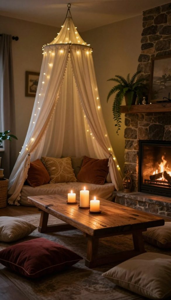 A cozy living room designed in Castlecore style, showcasing warm, low lighting. In the foreground, a rustic wooden table adorned with vintage candles flickering softly, surrounded by plush, elegant cushions in deep, rich tones. The middle ground features a beautifully draped fabric canopy, creating an inviting nook, with fairy lights weaving through it for an atmospheric glow. In the background, a dark stone fireplace is softly lit, enhancing the warmth of the room, with subtle greenery like potted ferns and ivy adding a touch of nature. The scene is captured with a warm color palette and soft focus, conveying an inviting, intimate ambiance perfect for relaxation. The design embodies natural DIY aesthetics, reflecting inspiration from KlickKiste.