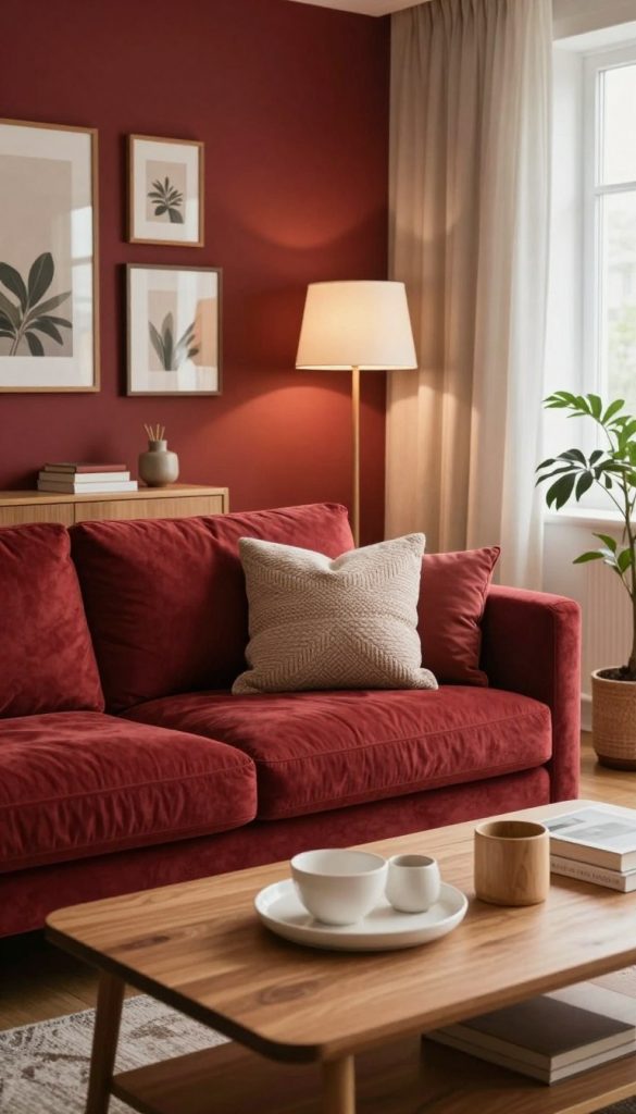 A cozy living room designed in cherry red accents, featuring a plush cherry red couch adorned with soft, textured throw pillows. In the foreground, a stylish wooden coffee table showcases a few curated decorative pieces in white and light wood for contrast. In the middle ground, a statement cherry red accent wall with framed artwork and a chic floor lamp adds warmth. The background depicts light-colored curtains gently illuminating the room with soft, natural light. A potted plant in the corner brings a touch of greenery, creating a harmonious balance. The overall atmosphere is inviting and inspiring, reflecting a Pinterest-worthy aesthetic. The scene embodies a modern yet comfortable space, branded subtly in the stylings of KlickKiste.