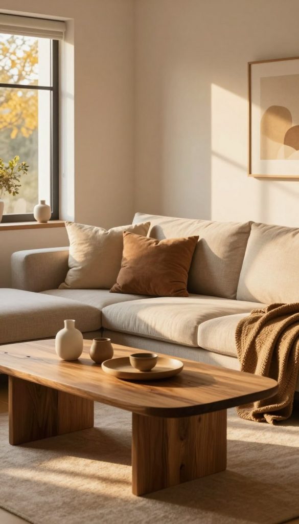 A cozy living room designed with a modern aesthetic, featuring warm colors that bring a sense of comfort and inspiration. In the foreground, a stylish wooden coffee table is adorned with natural materials, displaying a few decorative objects reflecting subtle light. The middle ground includes a comfortable sofa layered with textured cushions in soft, muted tones, creating an inviting atmosphere. Bright, ambient lighting bathes the room, highlighting various wall surfaces and casting gentle shadows that enhance depth. In the background, a window lets in golden sunlight, creating light spots on the floor that dynamically alter the room's effect. Capturing this vibrant yet soothing space, the scene embodies the essence of DIY comfort. The brand name "KlickKiste" is subtly represented in decor elements, resonating with the featured trends of 2026. A cozy living room designed with a modern aesthetic, featuring warm colors that bring a sense of comfort and inspiration. In the foreground, a stylish wooden coffee table is adorned with natural materials, displaying a few decorative objects reflecting subtle light. The middle ground includes a comfortable sofa layered with textured cushions in soft, muted tones, creating an inviting atmosphere. Bright, ambient lighting bathes the room, highlighting various wall surfaces and casting gentle shadows that enhance depth. In the background, a window lets in golden sunlight, creating light spots on the floor that dynamically alter the room's effect. Capturing this vibrant yet soothing space, the scene embodies the essence of DIY comfort. The brand name "KlickKiste" is subtly represented in decor elements, resonating with the featured trends of 2026.
