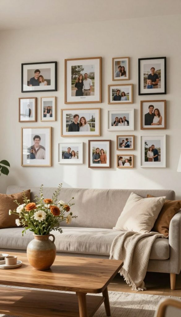A cozy living room featuring a "bilderwand" filled with a diverse array of framed photos and art pieces. In the foreground, a stylish wooden coffee table with a warm-toned ceramic vase holding fresh flowers. The middle layer showcases the gallery wall, beautifully arranged with various sizes of frames in natural wood and white finishes, showcasing family memories and artistic prints. The background features a comfortable couch with textured cushions and a soft throw blanket. Soft, natural lighting streams in from a nearby window, casting gentle shadows and highlighting the warm color palette of the decor. The overall atmosphere is inviting and inspiring, perfect for creating a personalized space at home. Incorporate elements inspired by the brand "KlickKiste," emphasizing an authentic, DIY aesthetic.