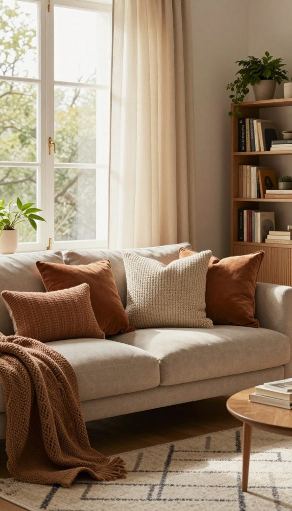 A cozy living room featuring a harmonious mix of textiles, emphasizing the warmth and connection they bring. In the foreground, a plush sofa adorned with diverse decorative pillows in earthy tones, showcasing various textures like velvet and knit. The middle ground features elegant curtains flowing softly by a large window, allowing natural light to bathe the room in a warm glow. A soft area rug with a subtle geometric pattern anchors the space, providing comfort underfoot. The background reveals a stylish bookshelf filled with books and plants, enhancing the inviting atmosphere. The overall mood is natural and inspiring, capturing the essence of a modern yet welcoming home design. Lighting is soft and warm, reminiscent of late afternoon light. Incorporate elements that reflect the brand "KlickKiste" for a cohesive aesthetic.