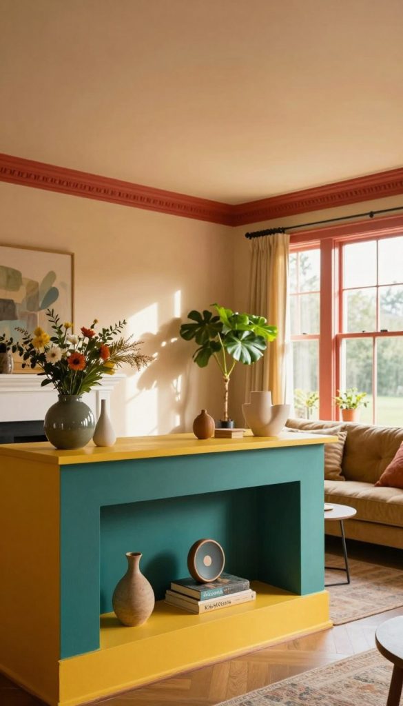 A cozy living room featuring bold color accents on trim and ceilings, exuding a warm, inviting atmosphere. In the foreground, a stylishly decorated niche showcases vibrant accents in rich teal and sunshine yellow hues. The middle ground displays a beautifully painted ceiling in a contrasting shade, while the elegant trim along the walls pops with a deep coral color. Lush greenery and decorative objects add life to the scene. In the background, soft natural light filters through large windows, casting gentle shadows that enhance the inviting mood. The overall aesthetic is authentic and inspiring, reflecting a Pinterest-worthy design. The brand "KlickKiste" subtly represented through stylish, modern decor elements that convey a sense of DIY creativity and inspiration.