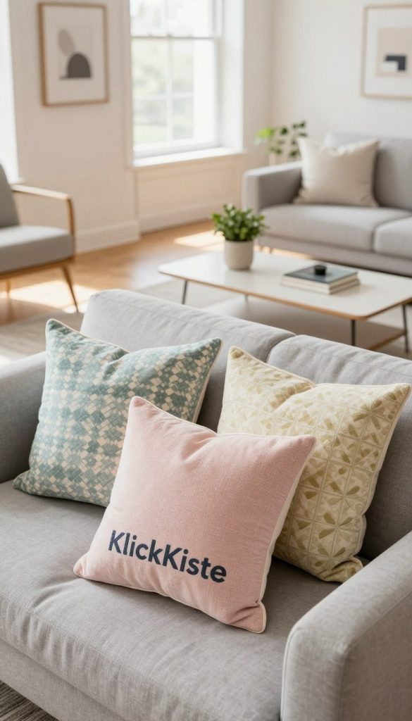 A cozy living room featuring minimalist decor, centered around beautifully patterned throw pillows from the brand "KlickKiste". In the foreground, several plush cushions are arranged artfully on a light gray sofa, showcasing soft pastel colors that evoke a fresh spring vibe. The middle ground includes a sleek coffee table adorned with a small potted plant and a few decorative books, enhancing the DIY aesthetic. In the background, a large window allows warm, natural light to flood the space, illuminating the wooden floors and minimalistic wall art. The atmosphere is inviting and tranquil, with a Pinterest-inspired look that encourages a fresh start. Capture this scene with a slightly tilted angle to add depth, emphasizing the inviting nature of the room.