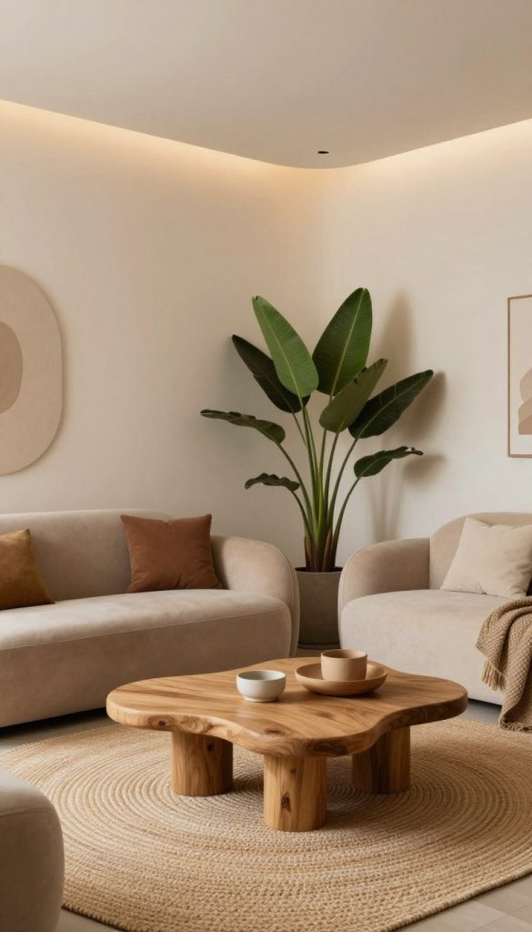 A cozy living room featuring organic shapes in furniture and decor, designed to inspire creativity. In the foreground, a soft, curvy sofa with earthy tones, flanked by a uniquely shaped coffee table made of natural wood. In the middle ground, a large plant with lush green leaves provides a touch of nature, while a woven rug with organic patterns adds warmth. The background showcases a gently flowing wall with soft, neutral colors and warm lighting that creates an inviting atmosphere. The scene is captured with a wide-angle lens to emphasize the spaciousness, bathed in soft, diffused light to evoke a calm and organic feel. The overall ambiance reflects a Pinterest-inspired aesthetic, with the name "KlickKiste" subtly integrated into the scene as part of the decor.