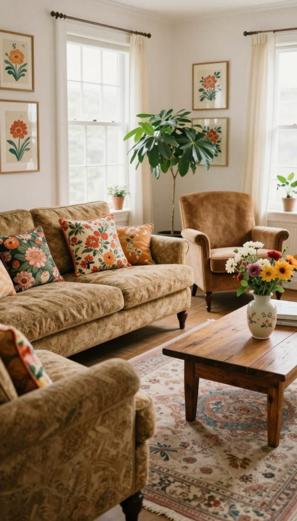 A cozy living room featuring retro floral decor in a vintage style. In the foreground, a textured vintage sofa adorned with colorful floral cushions sits beside a rustic wooden coffee table. A chic vase with fresh flowers adds a pop of color. In the middle, a sophisticated vintage rug covers the floor, and a retro-style armchair is elegantly positioned beside a vibrant indoor plant. In the background, soft light filters through large windows, creating a warm, inviting atmosphere. The walls are decorated with framed floral prints that enhance the retro vibe. The scene exudes a natural, authentic feel, reminiscent of popular Pinterest aesthetics, showcasing the art of decoration by KlickKiste. The image should be bright with a soft focus, evoking a sense of warmth and inspiration. A cozy living room featuring retro floral decor in a vintage style. In the foreground, a textured vintage sofa adorned with colorful floral cushions sits beside a rustic wooden coffee table. A chic vase with fresh flowers adds a pop of color. In the middle, a sophisticated vintage rug covers the floor, and a retro-style armchair is elegantly positioned beside a vibrant indoor plant. In the background, soft light filters through large windows, creating a warm, inviting atmosphere. The walls are decorated with framed floral prints that enhance the retro vibe. The scene exudes a natural, authentic feel, reminiscent of popular Pinterest aesthetics, showcasing the art of decoration by KlickKiste. The image should be bright with a soft focus, evoking a sense of warmth and inspiration.