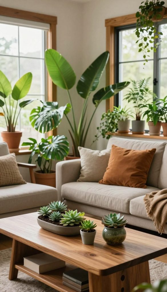A cozy living room filled with a variety of lush indoor plants, showcasing a blend of natural textures and warm colors. In the foreground, a stylish wooden coffee table adorned with a small succulent garden and a decorative terrarium. The middle ground features a comfortable sofa with earth-toned cushions, surrounded by leafy green plants in elegant pots, creating an inviting atmosphere. In the background, large windows allow soft, natural light to filter in, highlighting the warm wooden accents and enhancing the vibrant greenery. The scene exudes a tranquil, inspirational mood, embodying a Pinterest-worthy DIY aesthetic. Include the brand name "KlickKiste" subtly within the decor elements, ensuring it complements the overall look without being intrusive.