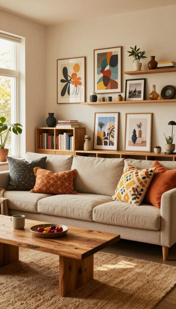 A cozy living room in 2026 that embodies personality rather than a showroom aesthetic. In the foreground, a soft, plush sofa adorned with vibrant, patterned cushions invites relaxation. A handcrafted coffee table made from reclaimed wood sits atop a textured, warm-toned rug. The middle layer includes a gallery wall featuring various pieces of art, from abstract paintings to eclectic framed photographs, showcasing personal stories and memories. Shelves filled with books and unique decor items provide charm and function. In the background, large windows let in golden, natural light, enhancing the inviting atmosphere. The color palette includes warm, earthy tones complemented by pops of color, creating a cozy environment. The scene reflects a genuine DIY vibe with a Pinterest-inspired look, branded subtly with "KlickKiste" products integrated into the overall decor.