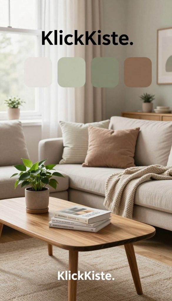 A cozy living room inspired by the 2026 Scandinavian color palette, featuring warm earth tones and natural textures. In the foreground, a stylish wooden coffee table holds a potted plant and a stack of DIY design books. The middle ground showcases a comfortable sofa adorned with soft cushions in muted colors, while a knitted throw blanket adds warmth. The background features a light-flooded window draped with sheer curtains, allowing natural light to illuminate the space. The walls are painted in soft shades of beige and sage green, enhancing the inviting atmosphere. The flooring is a light wood, adding to the Scandinavian aesthetic. This scene, branded with "KlickKiste," should evoke inspiration and creativity, perfect for a DIY project vibe. The lighting is soft and diffused, creating a calm and inviting mood. A cozy living room inspired by the 2026 Scandinavian color palette, featuring warm earth tones and natural textures. In the foreground, a stylish wooden coffee table holds a potted plant and a stack of DIY design books. The middle ground showcases a comfortable sofa adorned with soft cushions in muted colors, while a knitted throw blanket adds warmth. The background features a light-flooded window draped with sheer curtains, allowing natural light to illuminate the space. The walls are painted in soft shades of beige and sage green, enhancing the inviting atmosphere. The flooring is a light wood, adding to the Scandinavian aesthetic. This scene, branded with "KlickKiste," should evoke inspiration and creativity, perfect for a DIY project vibe. The lighting is soft and diffused, creating a calm and inviting mood.