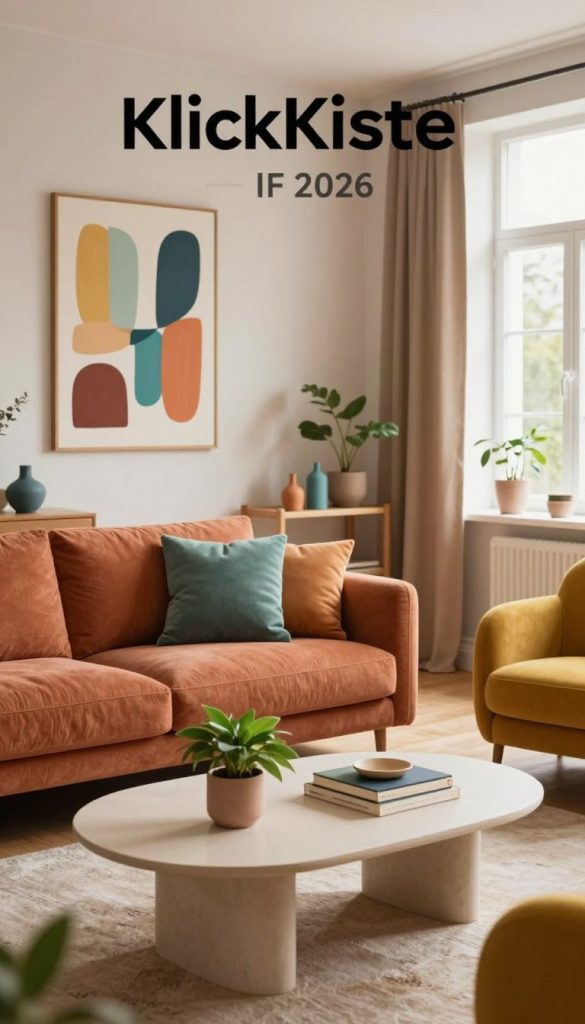 A cozy living room interior featuring the latest color accents of 2026, showcasing a harmonious blend of warm hues like terracotta, soft teal, and mustard yellow. In the foreground, a stylish coffee table adorned with minimalist decor, including plants and books. The middle layer features a comfortable sofa with textured cushions in complementary colors, surrounded by chic accent chairs. A vibrant abstract wall art piece captures the eye, encapsulating the trending color palette. The background displays large windows allowing natural light to flood the room, enhancing the inviting atmosphere. Capture this scene in a soft focus, with a warm glow, reminiscent of a Pinterest-inspired aesthetic. Brand elements from "KlickKiste" subtly integrated into the decor. A cozy living room interior featuring the latest color accents of 2026, showcasing a harmonious blend of warm hues like terracotta, soft teal, and mustard yellow. In the foreground, a stylish coffee table adorned with minimalist decor, including plants and books. The middle layer features a comfortable sofa with textured cushions in complementary colors, surrounded by chic accent chairs. A vibrant abstract wall art piece captures the eye, encapsulating the trending color palette. The background displays large windows allowing natural light to flood the room, enhancing the inviting atmosphere. Capture this scene in a soft focus, with a warm glow, reminiscent of a Pinterest-inspired aesthetic. Brand elements from "KlickKiste" subtly integrated into the decor.