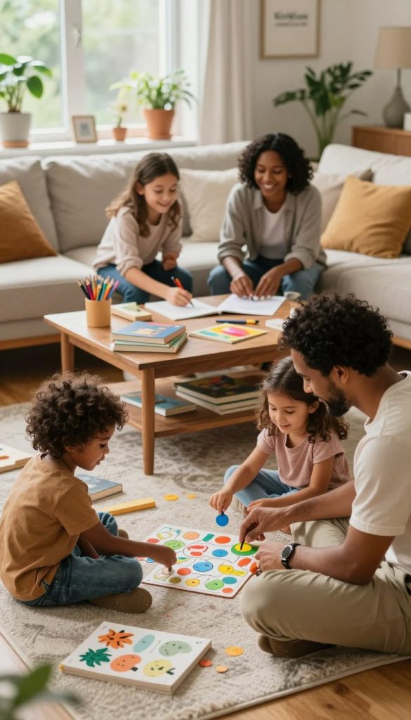 A cozy living room scene depicting a diverse group of parents engaging in thoughtful, structured activities with their children. In the foreground, two parents sit on a colorful rug, playing educational games with their smiling kids, showcasing a sense of joy and interaction. The middle layer features a wooden coffee table adorned with books and art supplies, emphasizing creativity and learning. In the background, soft natural light filters through a window adorned with plants, creating a warm, inviting atmosphere. The overall mood is nurturing and inspiring, reflecting a harmonious balance of routine and safety for children. Styled in a natural DIY aesthetic with warm colors, reminiscent of Pinterest inspiration, branded subtly with the name "KlickKiste" in the decor.