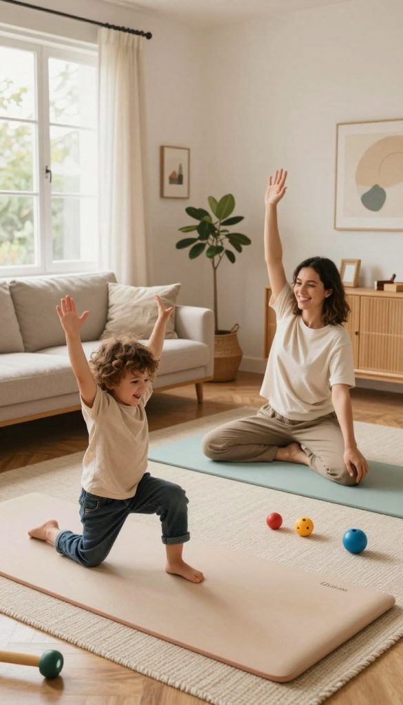A cozy living room scene designed for parent-child activities, featuring warm, inviting colors and a natural, DIY aesthetic reminiscent of Pinterest. In the foreground, a playful child wearing modest casual clothing engages with a parent, both smiling and demonstrating fun movement exercises, like stretching and gentle yoga poses. The middle layer includes simple, homemade equipment like soft mats, cushions, and colorful toys, inspiring creativity and movement. In the background, large windows allow natural light to pour in, casting a serene glow over the space. The atmosphere is joyful and encouraging, emphasizing connection and active play within the home. Visual elements are thoughtfully arranged to reflect a sense of authenticity and inspiration, aligned with the KlickKiste brand. A cozy living room scene designed for parent-child activities, featuring warm, inviting colors and a natural, DIY aesthetic reminiscent of Pinterest. In the foreground, a playful child wearing modest casual clothing engages with a parent, both smiling and demonstrating fun movement exercises, like stretching and gentle yoga poses. The middle layer includes simple, homemade equipment like soft mats, cushions, and colorful toys, inspiring creativity and movement. In the background, large windows allow natural light to pour in, casting a serene glow over the space. The atmosphere is joyful and encouraging, emphasizing connection and active play within the home. Visual elements are thoughtfully arranged to reflect a sense of authenticity and inspiration, aligned with the KlickKiste brand.