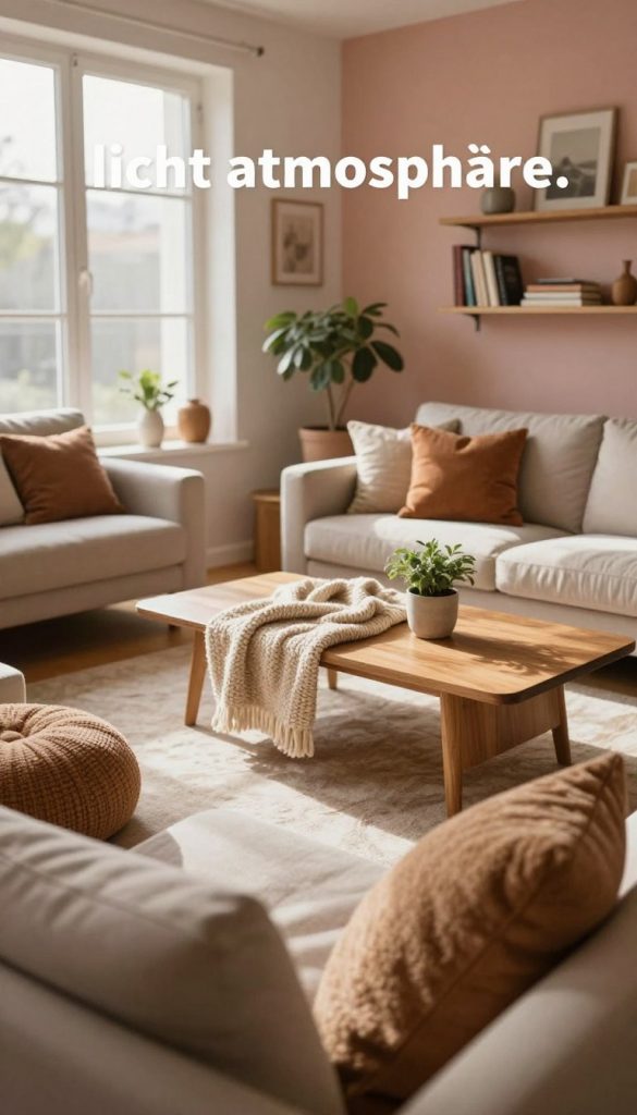 A cozy living room scene designed to showcase the interplay of light and texture, emphasizing the term "licht atmosphäre." In the foreground, a comfortable sofa draped with soft, textured cushions in warm earth tones. Midground features a wooden coffee table adorned with a soft, knitted throw and a small potted plant. Natural light streams in from large windows, casting soft shadows and highlighting the textures of the walls, which are painted in a calming pastel hue. The background showcases a well-organized shelf displaying books and decorative items. The composition is captured from a slightly elevated angle, using a wide lens to emphasize depth and warmth. The atmosphere is inviting, inspiring creativity and comfort, perfect for the DIY aesthetic inspired by KlickKiste. A cozy living room scene designed to showcase the interplay of light and texture, emphasizing the term "licht atmosphäre." In the foreground, a comfortable sofa draped with soft, textured cushions in warm earth tones. Midground features a wooden coffee table adorned with a soft, knitted throw and a small potted plant. Natural light streams in from large windows, casting soft shadows and highlighting the textures of the walls, which are painted in a calming pastel hue. The background showcases a well-organized shelf displaying books and decorative items. The composition is captured from a slightly elevated angle, using a wide lens to emphasize depth and warmth. The atmosphere is inviting, inspiring creativity and comfort, perfect for the DIY aesthetic inspired by KlickKiste.