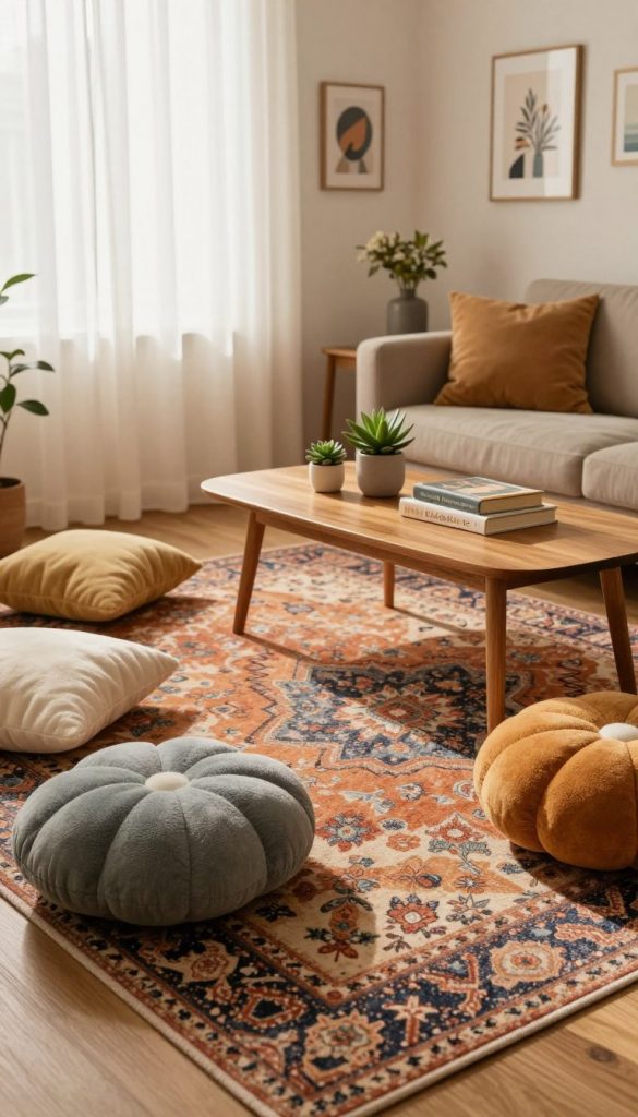 A cozy living room scene designed with a DIY aesthetic, featuring a patterned area rug in warm, inviting colors. In the foreground, soft, plush cushions of various shapes and sizes are scattered playfully on the floor, inviting relaxation. The middle ground showcases a simple, wooden coffee table adorned with a few succulents and a stack of books, emphasizing a minimalist vibe. In the background, a soft ambient light filters through sheer curtains, casting a warm glow across the room. The walls are adorned with tasteful wall art, giving it a personalized touch. The overall atmosphere is welcoming and flexible, perfect for a budget-friendly home. Inspired by the brand "KlickKiste", aiming for a natural, Pinterest-worthy look that feels authentic and inspiring.