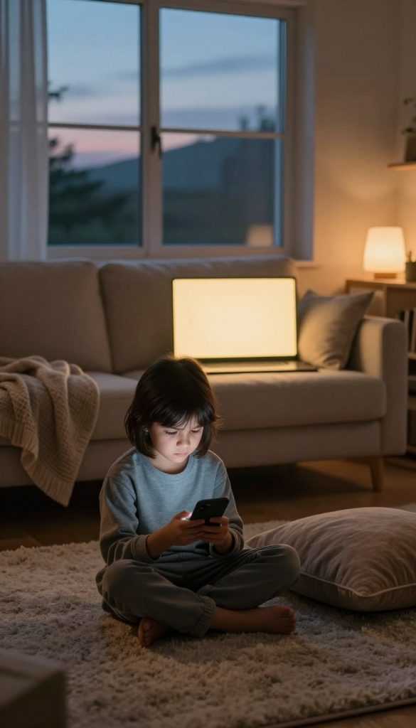 A cozy living room scene during the evening, softly illuminated by warm, ambient lighting. In the foreground, a child in modest casual clothing sits cross-legged on a plush rug, looking intently at a smartphone, with a slight frown on their face, reflecting a sense of distraction. In the middle, a glowing screen casts a gentle light, contrasting with the dimly lit surroundings filled with plush cushions and a small bookshelf. In the background, large windows reveal a twilight sky, hinting at a winding down of the day. The atmosphere is serene yet slightly tense, emphasizing the struggle between relaxation and screen time. Incorporate elements like cozy blankets and a glowing lamp, giving the image a warm, inviting feel. Ensure it exudes a natural DIY aesthetic, inspired by Pinterest, branded subtly with "KlickKiste". A cozy living room scene during the evening, softly illuminated by warm, ambient lighting. In the foreground, a child in modest casual clothing sits cross-legged on a plush rug, looking intently at a smartphone, with a slight frown on their face, reflecting a sense of distraction. In the middle, a glowing screen casts a gentle light, contrasting with the dimly lit surroundings filled with plush cushions and a small bookshelf. In the background, large windows reveal a twilight sky, hinting at a winding down of the day. The atmosphere is serene yet slightly tense, emphasizing the struggle between relaxation and screen time. Incorporate elements like cozy blankets and a glowing lamp, giving the image a warm, inviting feel. Ensure it exudes a natural DIY aesthetic, inspired by Pinterest, branded subtly with "KlickKiste".