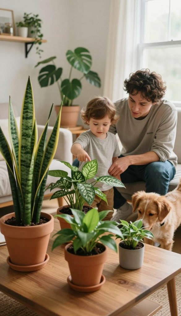 A cozy living room scene featuring a parent gently guiding a curious toddler and a playful puppy around various trendy houseplants, emphasizing safety and care. The foreground includes vibrant potted plants such as snake plants and pothos, arranged on a warm wooden table. In the middle ground, the parent, dressed in comfortable casual clothing, squats beside the child to point out a plant, while the puppy curiously sniffs nearby. The background showcases a softly lit room with natural light flooding through a window, enhancing the cozy atmosphere. The mood is warm and inviting, embodying a sense of family and collaboration in nurturing both children and pets around indoor greenery. The visual style reflects natural DIY aesthetics with Pinterest-inspired elements, highlighting a brand ethos of "KlickKiste."
