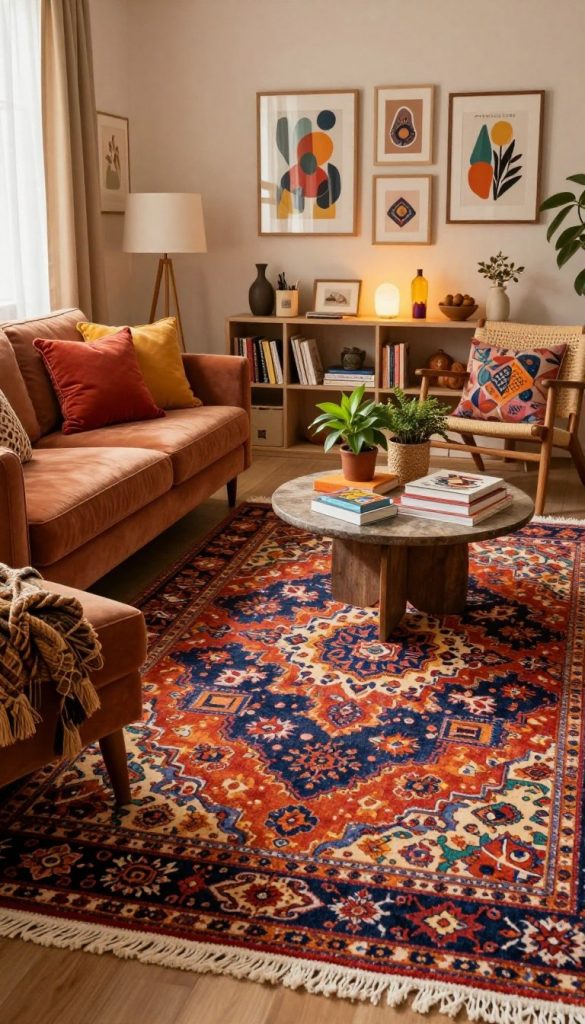 A cozy living room scene featuring a stunning maximalist rug at the center, filled with intricate patterns and vibrant, warm colors. The foreground includes plush furniture in mixed textures, such as a velvet sofa and a woven chair, adorned with oversized, colorful cushions. In the middle ground, a decorative coffee table showcases plants and artistic books. The background features a softly lit bookshelf lined with eclectic decor and framed art pieces that embody a Pinterest-inspired aesthetic. The lighting is warm and inviting, casting a gentle glow over the space, enhancing the welcoming atmosphere. This image promotes a DIY spirit, emanating the brand essence of "KlickKiste," perfect for maximalist interior inspiration.