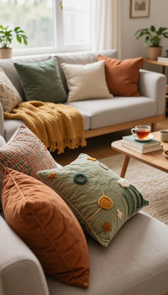 A cozy living room scene featuring a stylish sofa bed adorned with vibrant, textured cushions, showcasing a blend of warm colors like terracotta, mustard, and soft greens. In the foreground, a close-up view captures the cushions in detail, highlighting various fabric patterns and DIY elements. The middle ground reveals the inviting sofa bed positioned next to a small wooden coffee table, decorated with a stack of books and a warm cup of tea. The background features a softly lit window with sheer curtains, allowing gentle natural light to fill the room. Plants in simple pots add a touch of greenery, enhancing the authentic Pinterest-inspired aesthetic. The overall atmosphere is warm and inviting, reflecting a sense of tranquility and inspiration for home decor. This image embodies the essence of "KlickKiste," perfect for DIY enthusiasts.