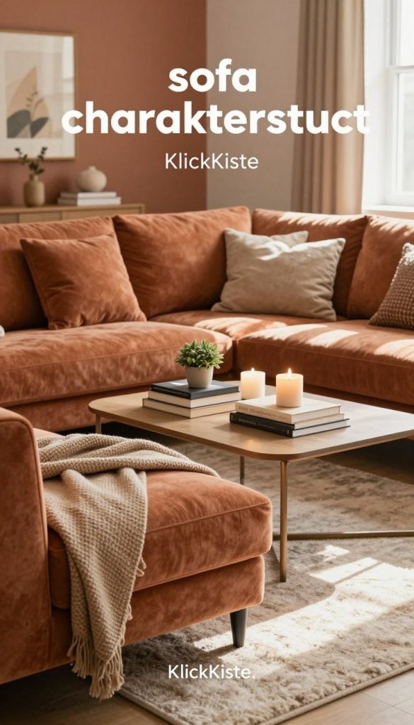 A cozy living room scene featuring a stylish "sofa charakterstück" designed in warm, inviting colors. In the foreground, an elegantly upholstered sofa with soft cushions and a textured throw draped over one arm. The middle ground showcases a beautifully layered coffee table with decorative books, candles, and a small plant, creating an inviting atmosphere. The background reveals a softly lit setting with warm wall colors, tasteful wall art, and a plush area rug that enhances the room's comfort. Natural light streams through a window, casting gentle shadows and adding to the warmth of the scene. This image embodies a Pinterest-inspired aesthetic, showcasing effortless DIY decor ideas by "KlickKiste" for an authentic, inspiring living space.
