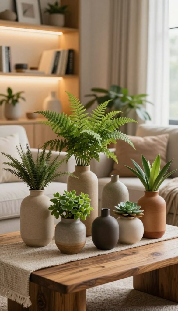 A cozy living room scene featuring an assortment of elegant vases filled with vibrant plants, showcasing a blend of modern and rustic design. In the foreground, a beautifully arranged coffee table with a handcrafted wooden surface, decorated with a small, textured table runner. The middle layer includes various vases in earthy tones, displaying lush greenery, such as ferns and succulents, creating a relaxed and inviting atmosphere. In the background, a softly lit bookshelf with neutral-colored decor elements enhances the warm ambiance. The lighting is soft and natural, as if filtered by a nearby window, creating a serene environment. Capture a Pinterest-worthy aesthetic that feels authentic and inspiring, embodying the essence of sustainable home accessories by "KlickKiste."