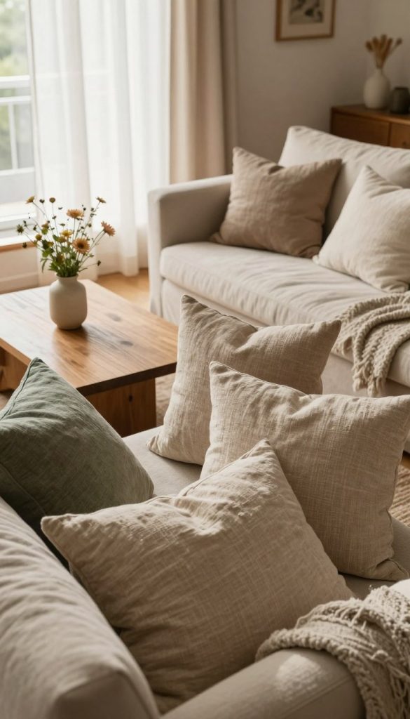A cozy living room scene featuring beautifully arranged linen cushions in warm, earthy tones such as beige, soft taupe, and muted green. The foreground showcases a plush sofa adorned with various textured linen cushions, inviting and stylish. In the middle ground, a wooden coffee table sits, displaying a small vase with fresh wildflowers, complementing the natural theme. The background features a softly lit window with sheer linen curtains, allowing gentle sunlight to filter in, creating a serene atmosphere. The overall mood is warm and inviting, perfect for a cozy and creative living space. Capture this scene with a warm, natural light setting using a wide-angle lens to emphasize the textures and details of the linen fabrics, inspired by the brand "KlickKiste".