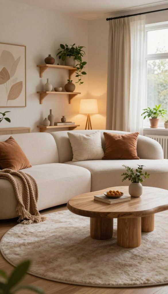 A cozy living room scene featuring organic forms in furniture design, like a curvy sofa and sculptural coffee table, infused with warm, natural colors. In the foreground, a round, plush area rug complements the flowing shapes of the furniture, while decorative pillows in earthy tones add comfort. In the middle ground, soft lighting casts a gentle glow over the room, highlighting the textures of the wooden shelves adorned with plants and handcrafted decor, creating an inviting, tranquil atmosphere. The background showcases large windows with sheer curtains that let in natural light, enhancing the organic feel of the space. This image embodies a warm, Pinterest-inspired aesthetic, reflecting the creativity of “KlickKiste" in home decor.