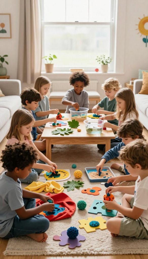 A cozy living room scene filled with children engaged in safe, DIY sensory play. In the foreground, a diverse group of children, aged 3 to 6, uses colorful materials like soft fabrics, textured balls, and simple puzzles that encourage exploration. The children are dressed in modest, casual clothing, smiling and focused. In the middle, a wooden table displays creative sensory play setups with natural elements such as leaves, sand, and water in clear containers. The background shows a bright, sunny window with soft fabrics hanging and cheerful decorations, creating a warm and inviting atmosphere. Natural lighting illuminates the room, evoking a sense of learning and joy. The overall mood is authentic and inspiring, reflecting the philosophy of KlickKiste.