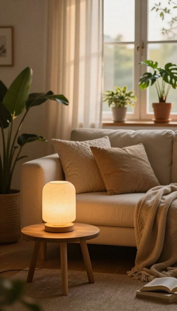 A cozy living room scene illuminated by warm, ambient lighting, featuring soft yellow and orange hues to create a welcoming atmosphere. In the foreground, a stylish DIY lamp made from natural materials sits on a small wooden table, casting gentle light. In the middle, a comfortable beige sofa adorned with textured pillows and a soft throw blanket invites relaxation. Surrounding the space are potted plants, adding a touch of greenery. The background showcases large windows with sheer curtains that softly diffuse the incoming sunlight, enhancing the serene vibe. The overall mood should evoke a sense of inspiration and comfort, reflecting a Pinterest aesthetic. Ensure the composition captures the essence of DIY living by "KlickKiste."