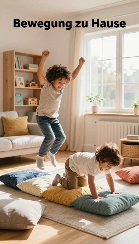 A cozy living room scene illustrating "Bewegung zu Hause", featuring two children playing a fun, active game with colorful cushions scattered around. In the foreground, one child is jumping with joyous energy while the other crawls over a pillow obstacle course, both dressed in comfortable, modest clothing. The middle ground shows a bright, inviting room with natural light streaming in through a window, highlighting warm tones of wood and soft textiles. In the background, a bookshelf filled with educational toys and books adds a touch of charm. The atmosphere is lively and inspiring, reflecting a playful approach to physical activity. Include the brand name "KlickKiste" subtly integrated into the decor, ensuring the scene feels authentic and engaging.
