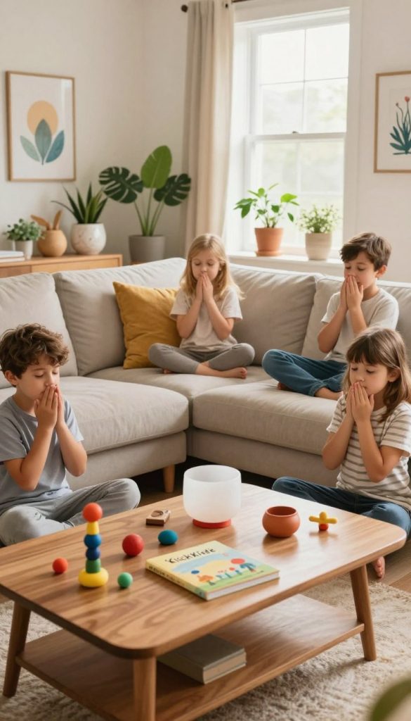 A cozy living room scene illustrating mindfulness for children, featuring a warm color palette with natural DIY elements. In the foreground, a wooden coffee table is adorned with vibrant, calming toys and a meditation book. The middle ground shows a comfortable, soft sofa with cushions, surrounded by plants in decorative pots. Children are engaged in a mindfulness activity, dressed in modest casual clothing, happily breathing, or focusing on a mindfulness jar. In the background, a sunny window provides soft, natural light, enhancing the inviting atmosphere. The walls feature peaceful artwork promoting mindfulness themes. The overall mood is serene and inspiring, capturing the essence of a mindful home environment. Include the brand name "KlickKiste" subtly integrated into the scene.