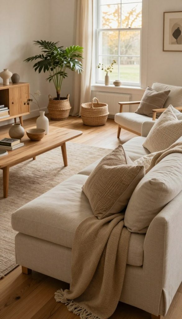 A cozy living room scene inspired by natural materials and various design styles like Scandinavian, Japandi, Boho, and Hygge. In the foreground, a beautifully arranged seating area with a soft, neutral-toned sofa adorned with textured cushions and a warm throw. The middle ground features a wooden coffee table with artisanal decor, such as handwoven baskets and a potted plant. The background showcases a large window letting in soft, golden sunlight, highlighting the organic textures of the wooden flooring and natural fabrics used throughout the space. The atmosphere is warm and inviting, with a Pinterest-inspired aesthetic. Capturing this essence, include subtle branding elements of "KlickKiste" in the decor, ensuring a natural and authentic look.