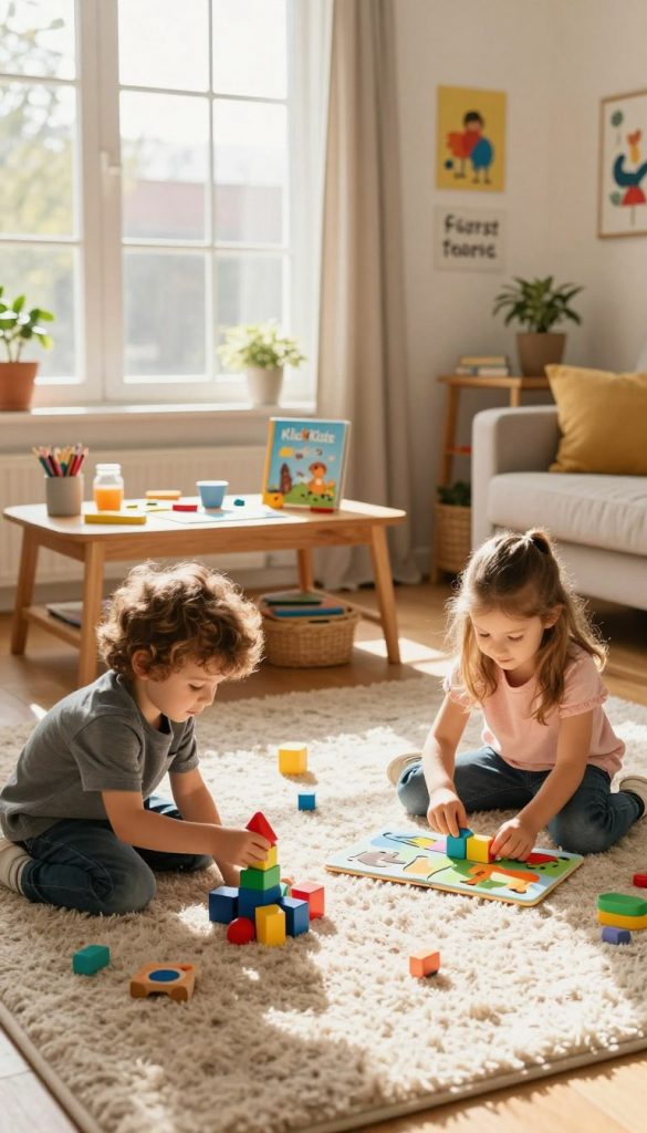 A cozy living room scene showcasing children engaged in educational games at home. In the foreground, two children, a boy and a girl, are happily working on colorful, interactive learning toys spread across a plush rug. The boy is building with vibrant blocks, while the girl is focused on a puzzle featuring animals. In the middle ground, a wooden table is adorned with arts and crafts supplies and a children's book titled "KlickKiste." In the background, a large window lets in soft, warm sunlight, illuminating the room with a welcoming glow. The walls are decorated with playful artwork and inspiring quotes, creating an atmosphere of creativity and learning. The mood is cheerful and motivating, evoking a sense of home and routine. A cozy living room scene showcasing children engaged in educational games at home. In the foreground, two children, a boy and a girl, are happily working on colorful, interactive learning toys spread across a plush rug. The boy is building with vibrant blocks, while the girl is focused on a puzzle featuring animals. In the middle ground, a wooden table is adorned with arts and crafts supplies and a children's book titled "KlickKiste." In the background, a large window lets in soft, warm sunlight, illuminating the room with a welcoming glow. The walls are decorated with playful artwork and inspiring quotes, creating an atmosphere of creativity and learning. The mood is cheerful and motivating, evoking a sense of home and routine.