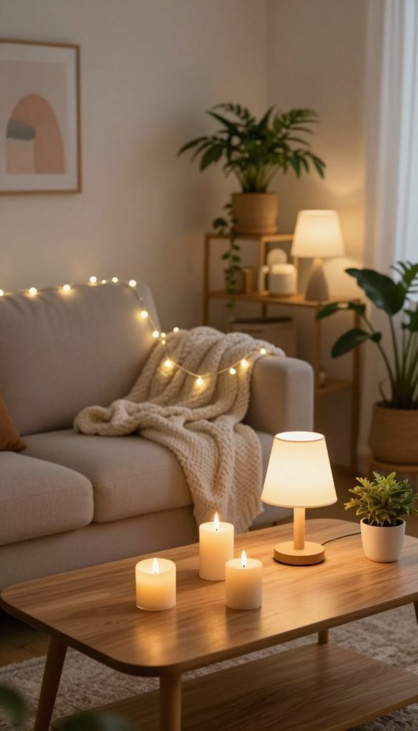 A cozy living room scene that embodies a warm and inviting atmosphere, showcasing effective placement of candles, table lamps, and LED fairy lights. In the foreground, a stylish wooden coffee table adorned with flickering candles and a tasteful table lamp emits a soft glow. The middle ground features a comfortable sofa draped with knitted throw blankets, surrounded by subtle ambient lighting from LED string lights elegantly draping over a nearby shelf. The background includes lush indoor plants and soft pastel wall decor, further enhancing the serene vibe. The lighting is softly diffused, creating a warm, welcoming ambiance reminiscent of natural DIY aesthetics, designed for a Pinterest-worthy look. This image aims to inspire creativity in home decorating, proudly featuring "KlickKiste" elements throughout.