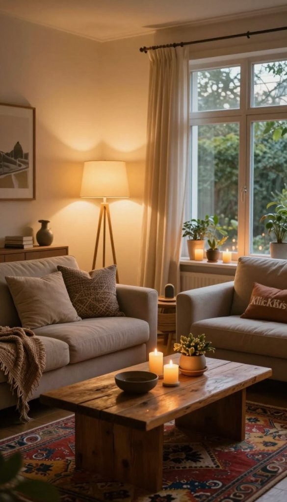 A cozy living room scene that exudes warmth and comfort, featuring soft, warm-toned ambient lighting that creates a welcoming atmosphere. In the foreground, a plush sofa adorned with textured throw pillows sits alongside a rustic wooden coffee table, showcasing a few DIY decor items. The middle layer includes glowing floor lamps and candles, softly illuminating the space, while a vibrant area rug adds a touch of color. In the background, large windows draped with flowing curtains invite natural light and greenery from outside. The entire scene is styled in an authentic Pinterest-inspired aesthetic, highlighting the brand name "KlickKiste". The mood is inviting and serene, perfect for illustrating how lighting can create a sense of home.
